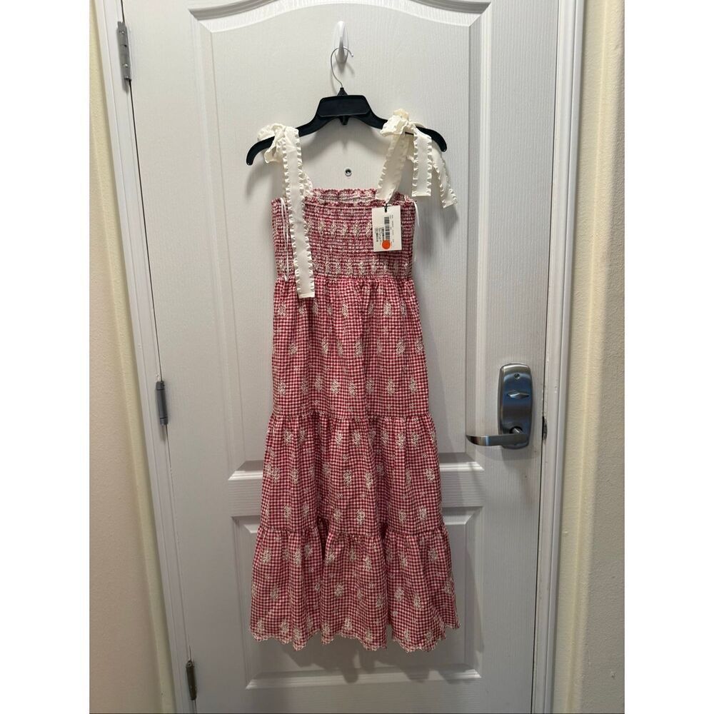 JACQUIE THE LABEL Red Isabella Gingham Embroidered Tiered Midi Dress Size S NWT - Picture 5 of 8